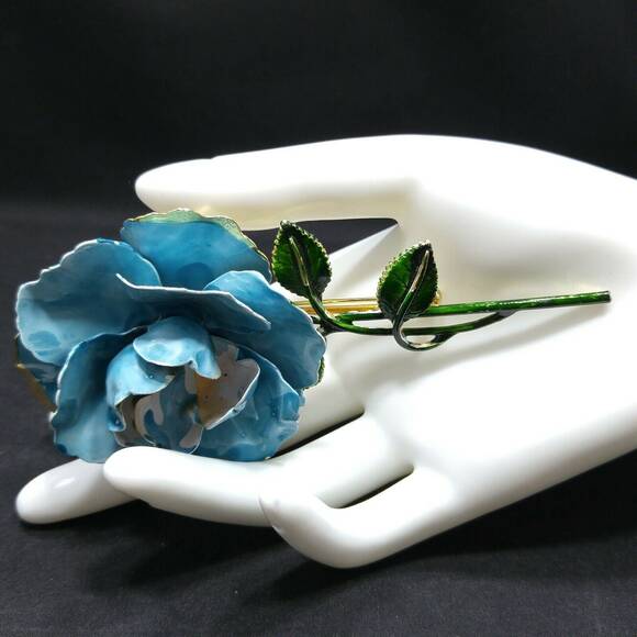 Vintage Enamel Large Flower Brooch, Turquoise Blue Green Gold, 1960s,  5" - Picture 2 of 10